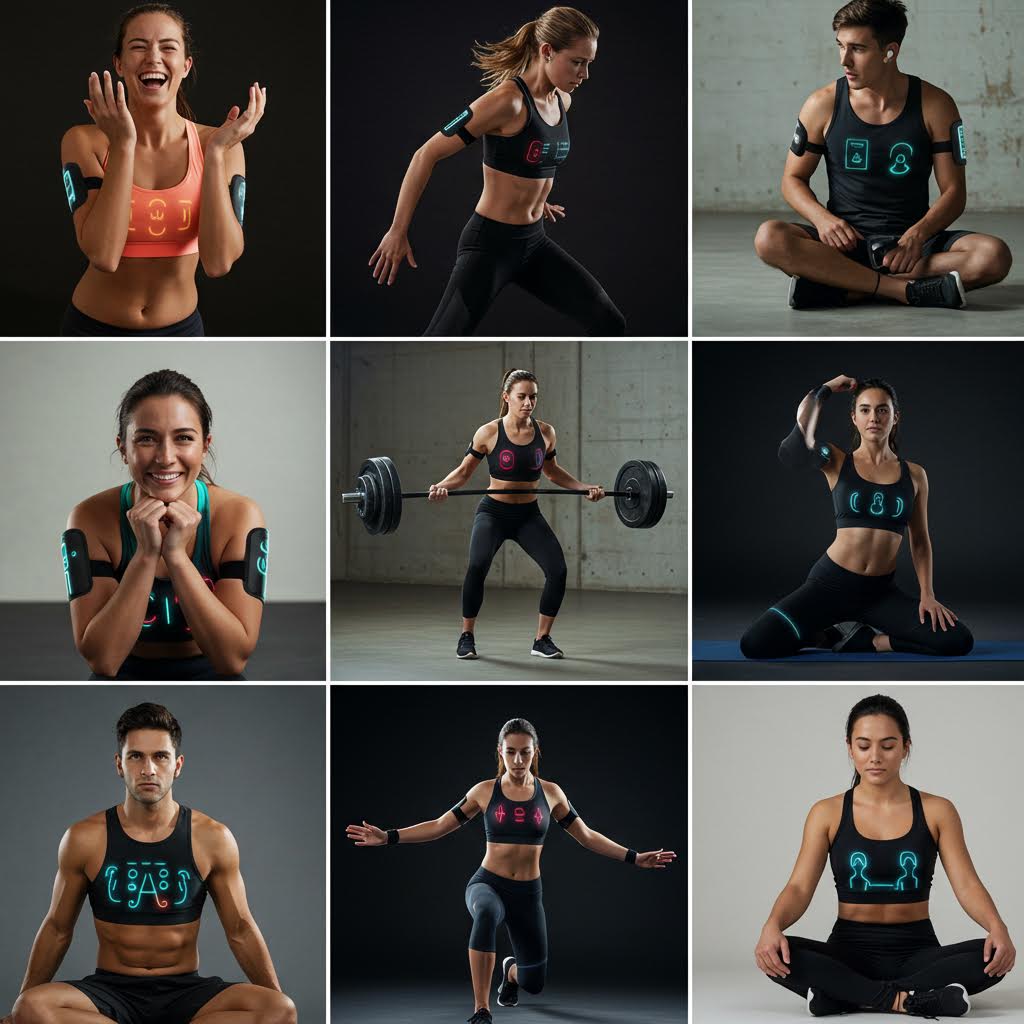 운동 중 웨어러블 센서를 착용한 사람들이 다양한 자세와 훈련을 수행하는 모습으로, 온카스터디의 피트니스 데이터 분석과 퍼포먼스 향상 기술을 보여준다.