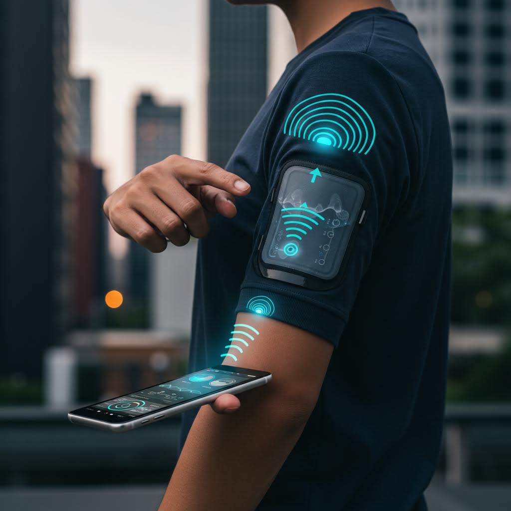 스마트폰과 팔에 착용한 웨어러블 기기가 무선으로 연결된 모습으로, 온카스터디의 헬스 데이터 연동 및 실시간 모니터링 기술을 보여준다.