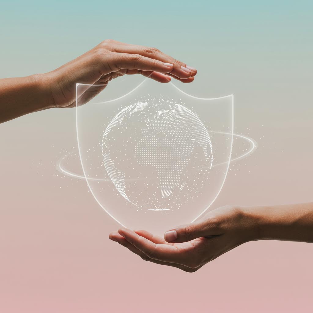 투명한 방패 안에 머무는 지구의 형상이 보안과 안정의 의미로 이어지는 온카스터디의 상징적 인상