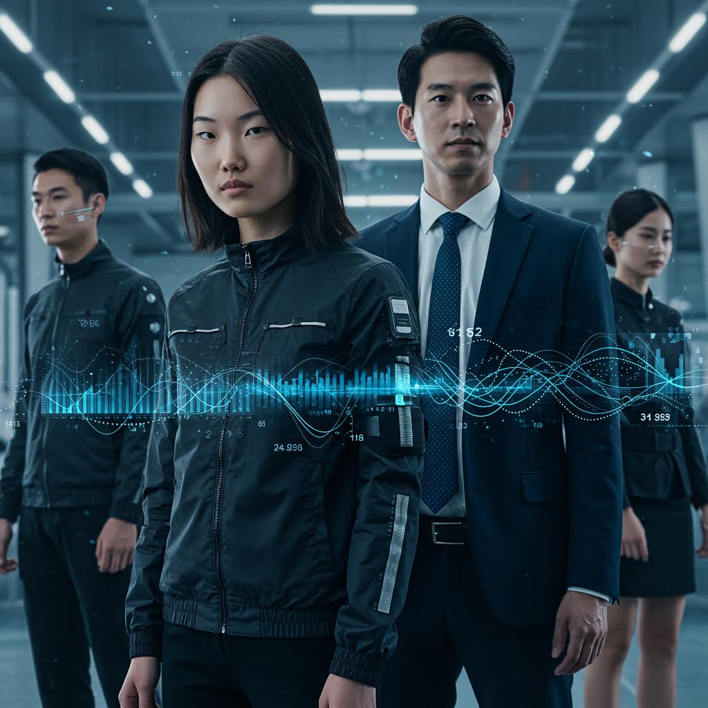 첨단 센서를 장착한 연구원들이 데이터 분석을 수행하는 장면, 온카스터디의 AI 생체 데이터 분석 네트워크를 표현한 이미지