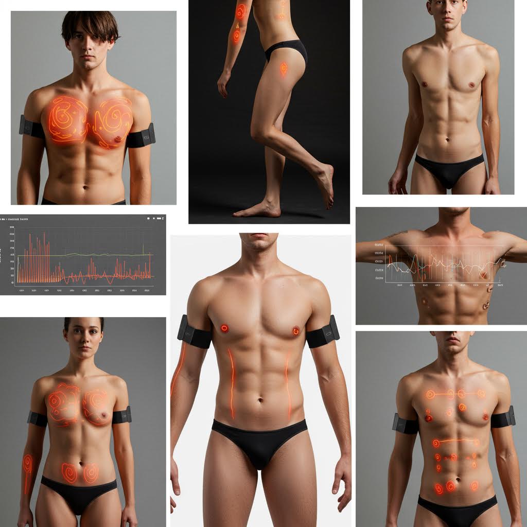 웨어러블 센서를 착용한 인체 모델과 생체 데이터 시각화 그래프가 함께 표시된 이미지로, 온카스터디의 헬스 모니터링 및 신체 분석 기술을 보여준다.