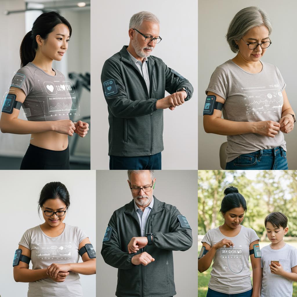 스마트 헬스 기기를 착용한 사람들이 데이터를 확인하며 검증의 신뢰를 이어가는 온카스터디의 기술적 흐름