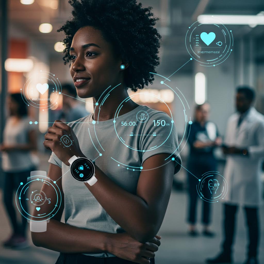 스마트워치를 착용한 여성이 건강 데이터를 확인하는 장면, 온카스터디의 웨어러블 헬스 모니터링 기술을 활용한 개인 맞춤 관리 시스템