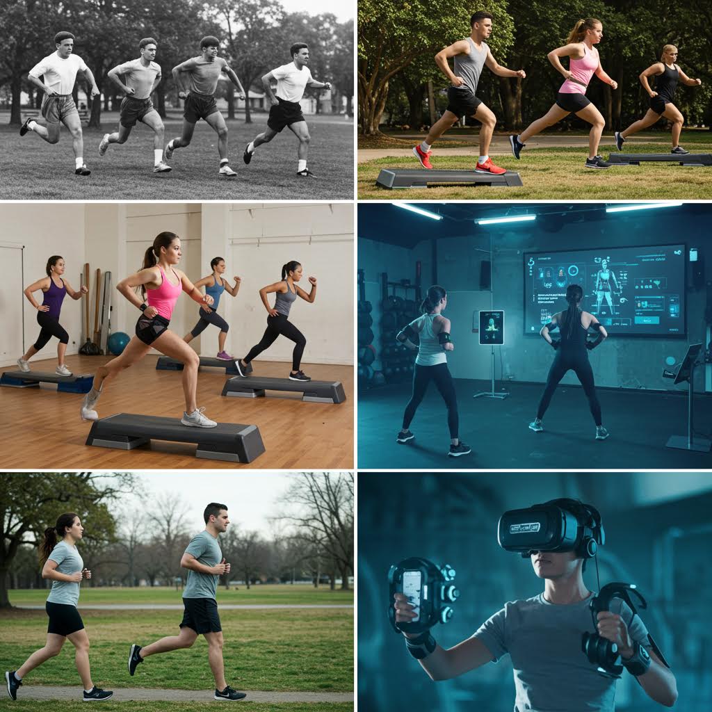 실내외에서 운동에 몰입한 사람들의 동작이 에너지와 집중으로 가득한 피트니스의 흐름