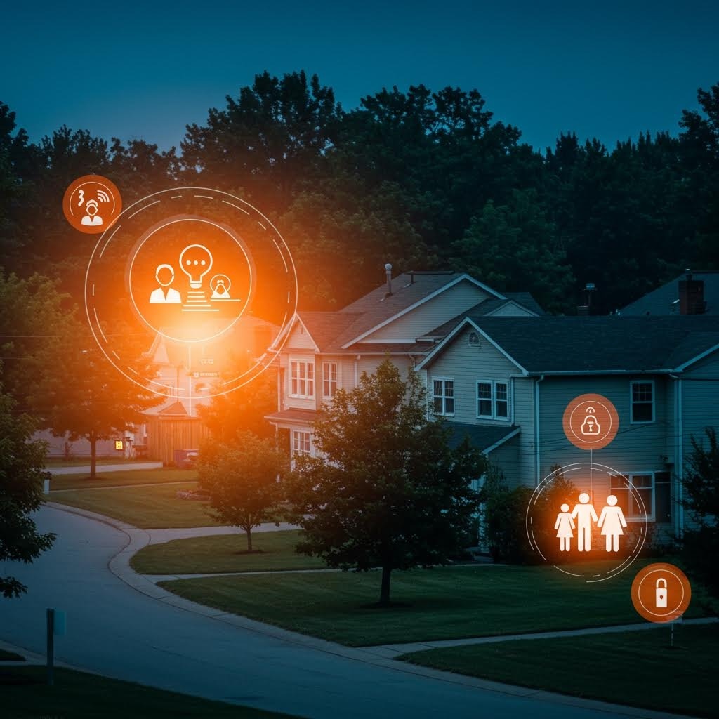 온카스터디의 스마트 홈 보안 시스템을 상징하는 야경 사진. 주택가 위에 사용자 아이콘, 대화, 가족, 잠금 아이콘 등이 홀로그램으로 떠 있으며 안전한 커뮤니티 연결을 나타냅니다.