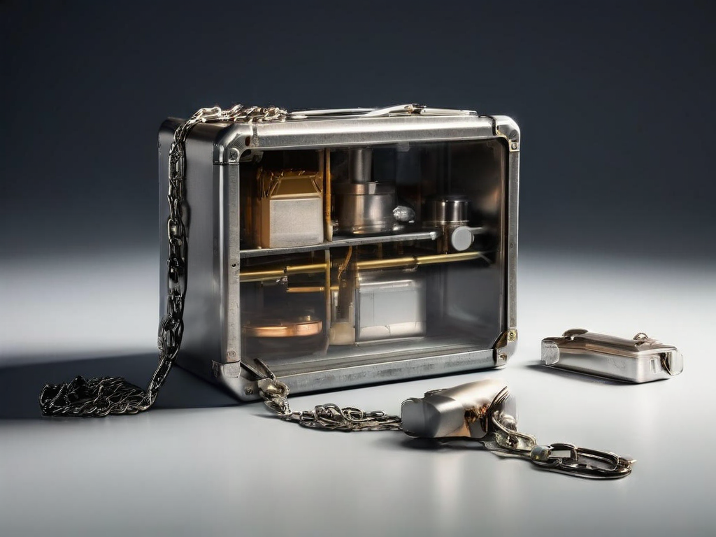 A sealed metal case with a short chain and small blocks representing file locations on a stone counter, soft studio light.