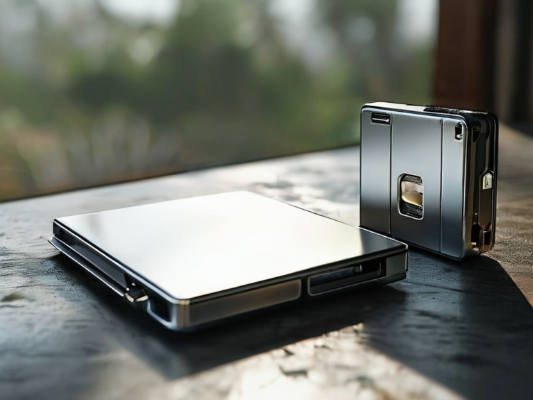 A memory card, sealed external drive, and blank photo sleeve sit on a brushed metal surface in angled morning daylight...