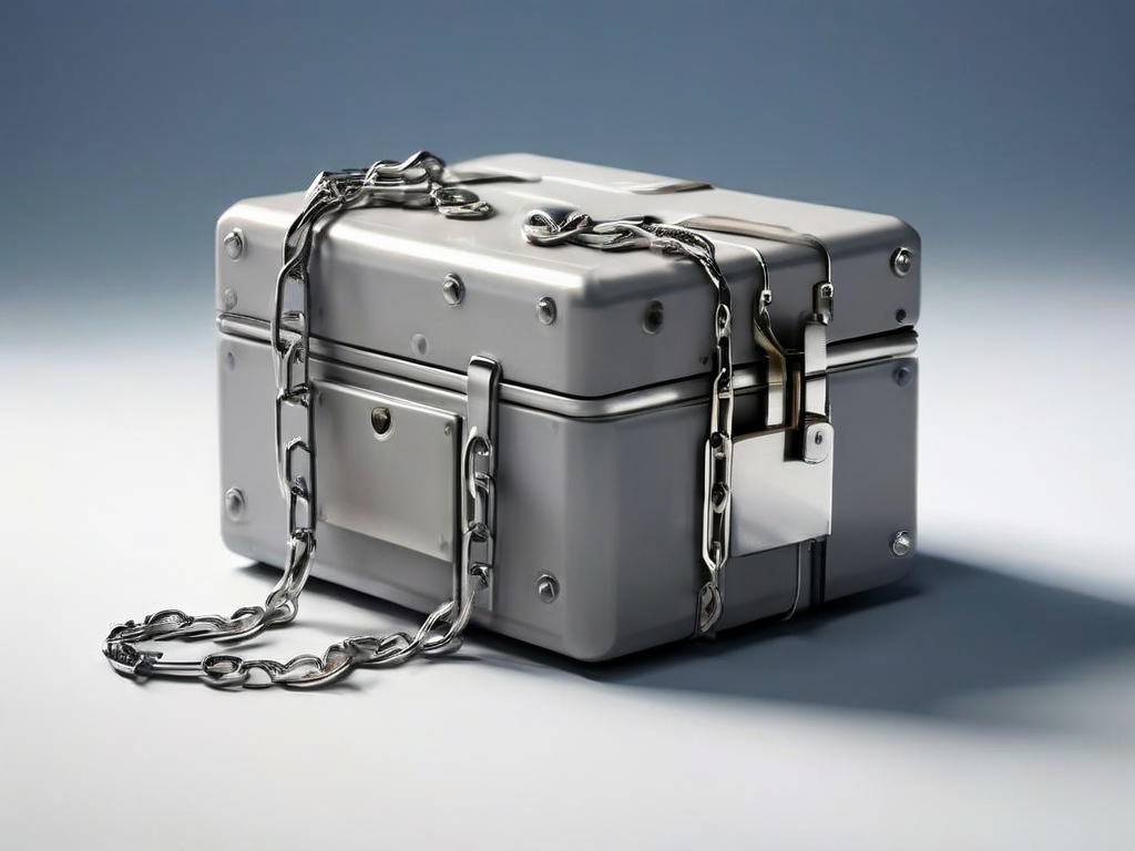 A sealed metal storage case with a short chain and small blocks linked to file location icons on a gray studio surface.