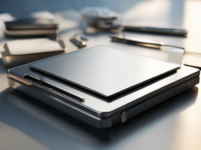 Blank divider cards and a compact storage tray on a brushed metal surface, with morning light and shallow depth of field.