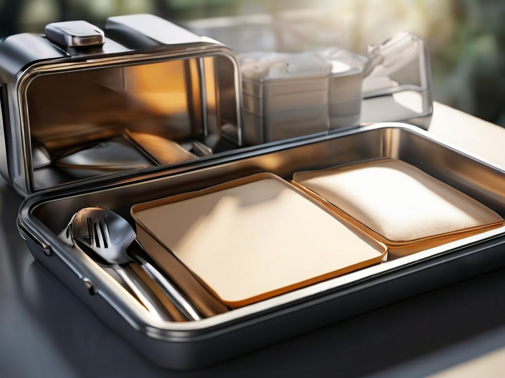 Brushed metal storage tray with blank divider cards, morning light, angled view.