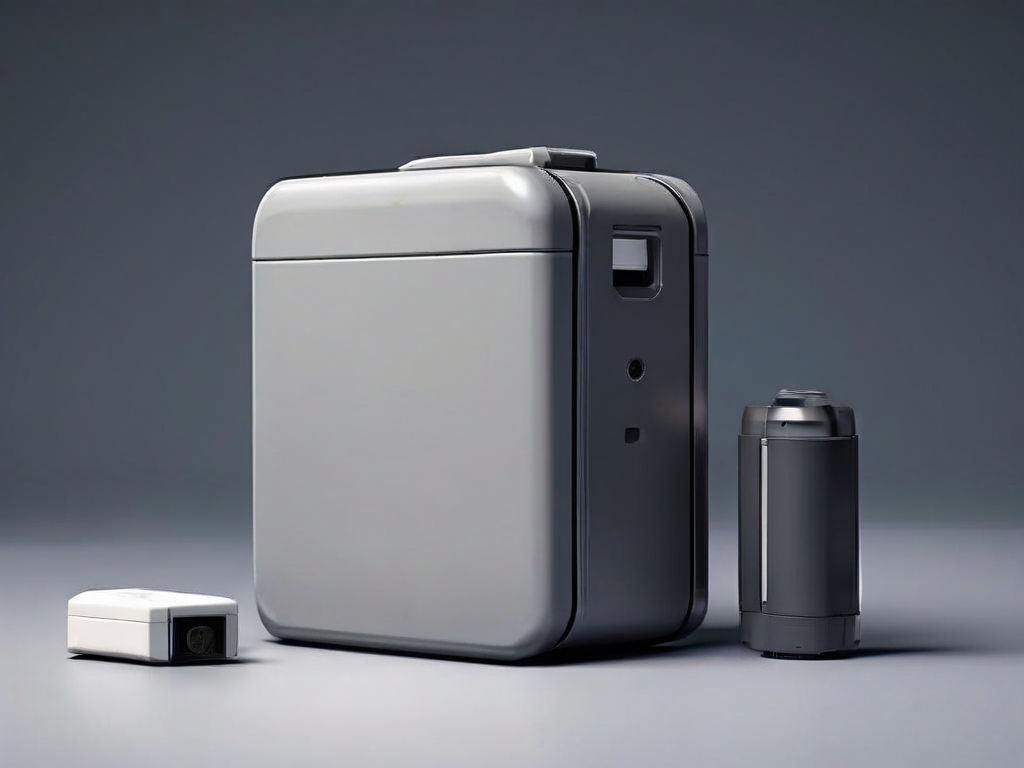 A portable storage drive with stacked data blocks and a small capacity gauge on a gray studio surface
