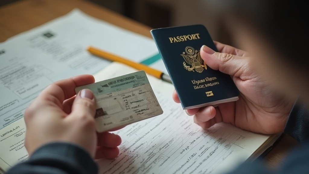 Person holding a passport and residence card over application forms, illustrating the documents used to open local banking, mobile, and essential service accounts.