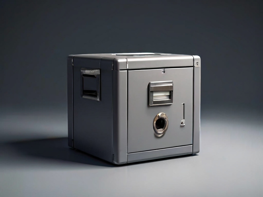 A sealed archive box and a reset lock mechanism beside a compact storage block, symbolizing app cache cleanup on a matte gray...