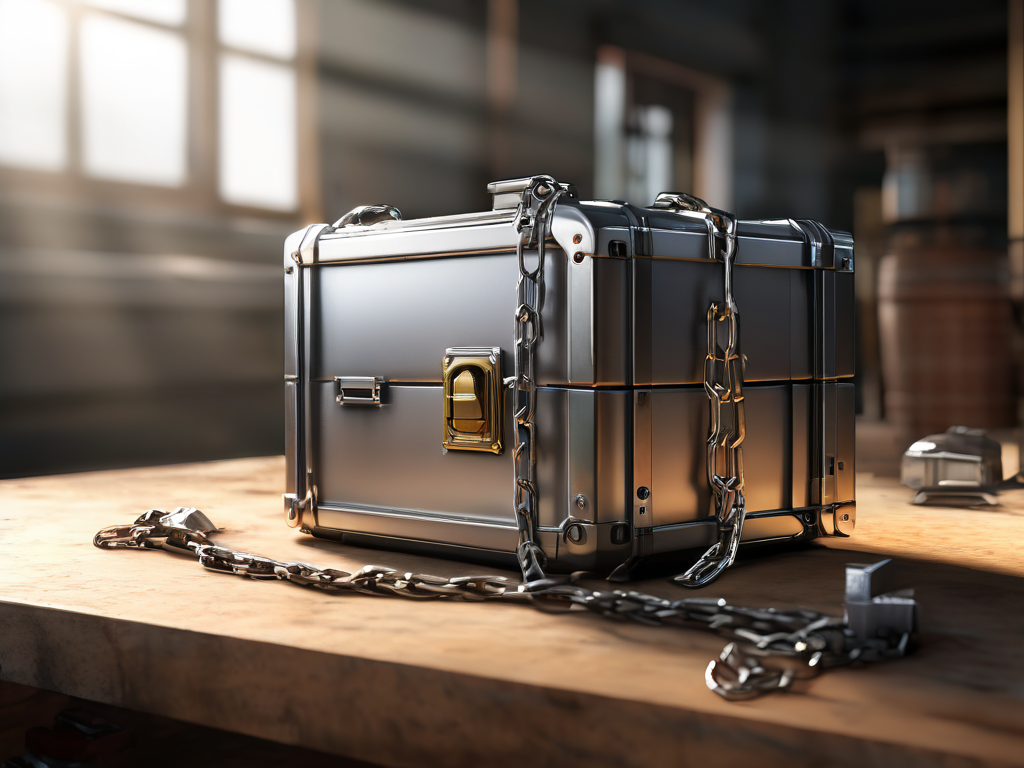 A sealed metal storage case with a short chain and small wood blocks representing file locations on a brushed metal surface in...