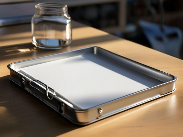 Brushed metal storage tray with blank divider cards in morning light, symbolizing organized accessibility settings.