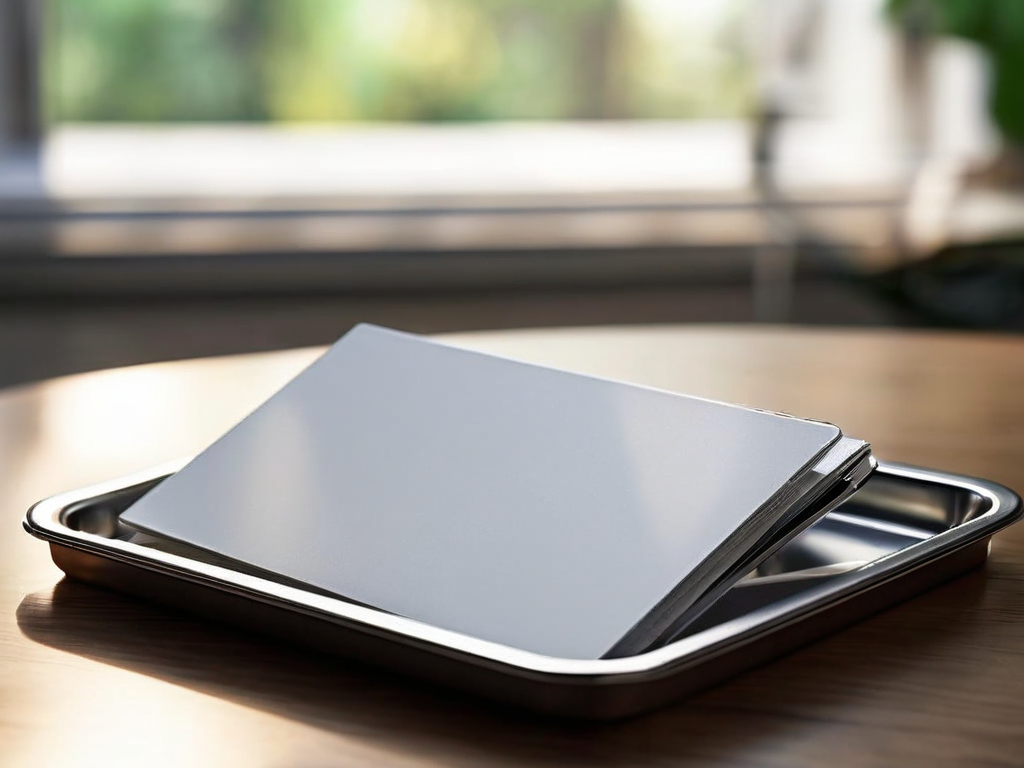 Blank divider cards and a compact storage tray organized on a brushed metal surface in morning daylight.