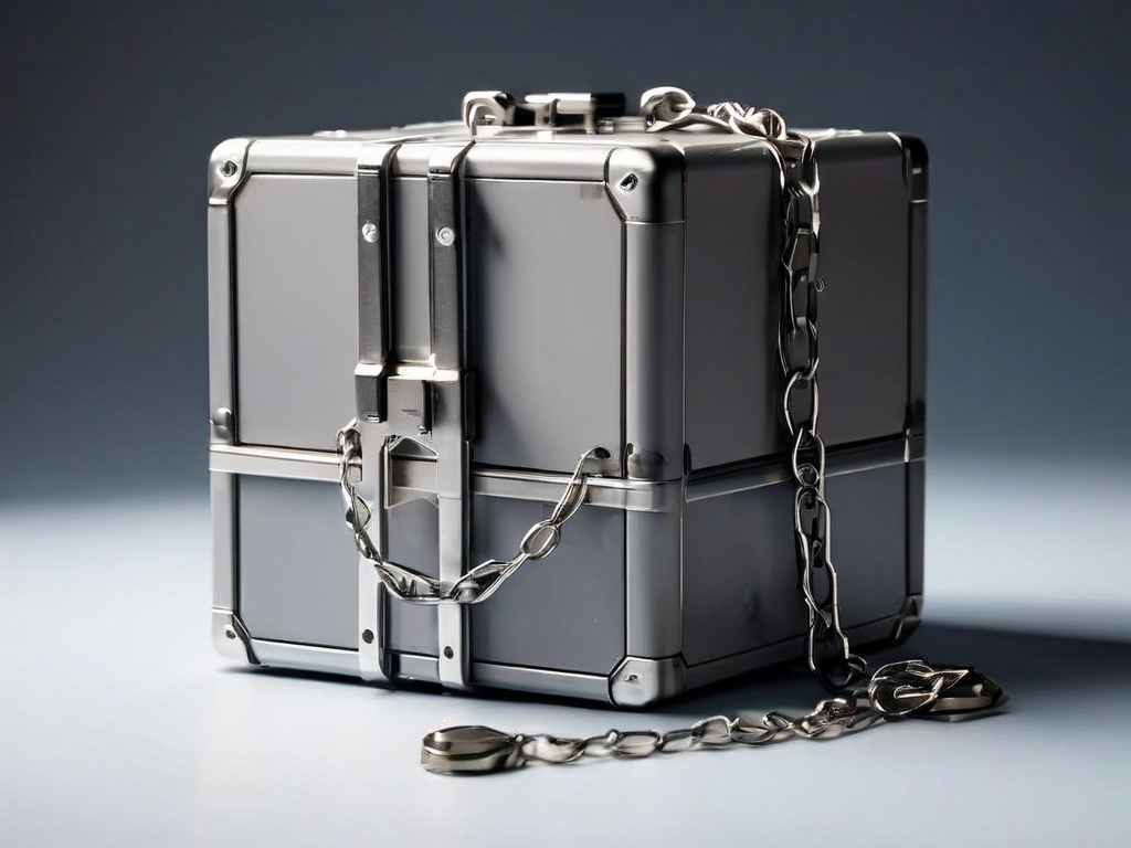 Small metal chain securing a sealed gray storage case with separate location block icons beside it on a matte studio surface.