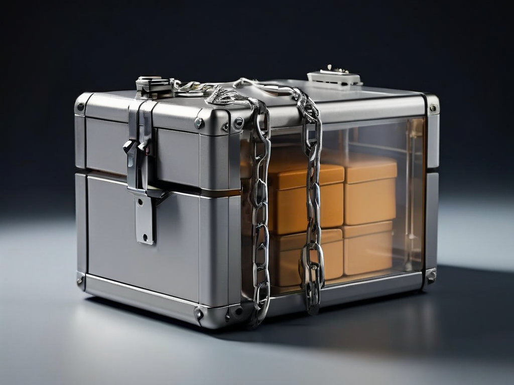 A sealed metal storage case with a short chain lock sits on a matte gray surface, alongside small unmarked blocks representing...