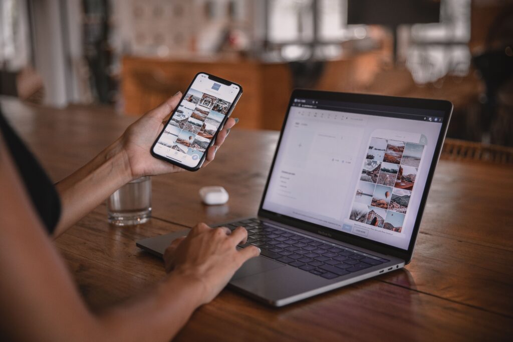 Content creators manage images on their phones and laptops, illustrating how to adjust posts for multiple platforms.